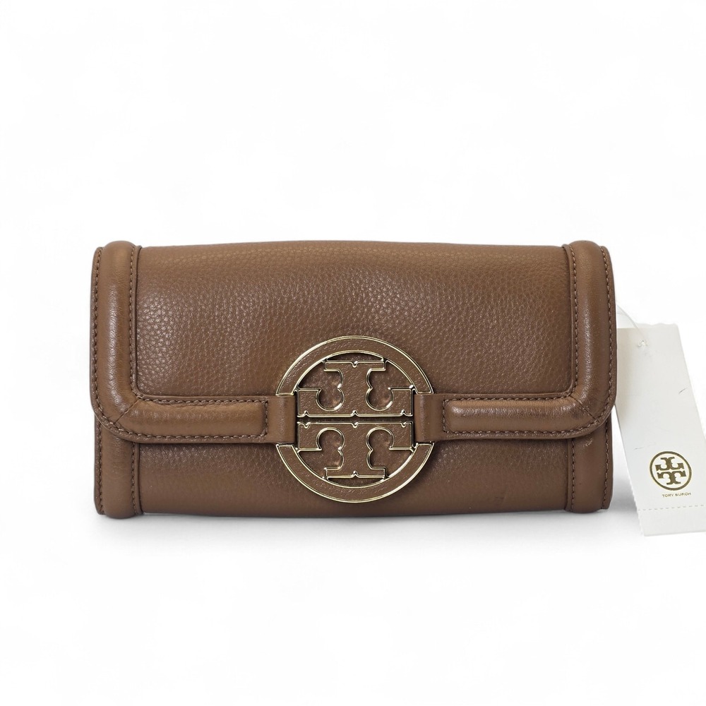 Tory Burch Amanda Wallet Royal Tan Leather Clutch Gold Logo NWT